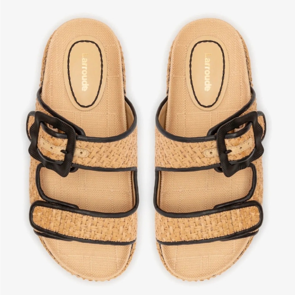 Larroudé Maui Slide In Tapestry Natural Raffia and Black Trimming, 8